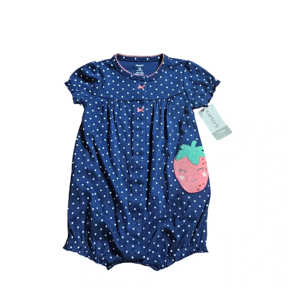 Carter's Baby Girl Polka Dot Strawberry‎ Patch Bubble Romper 12 Mos Cottage NWT